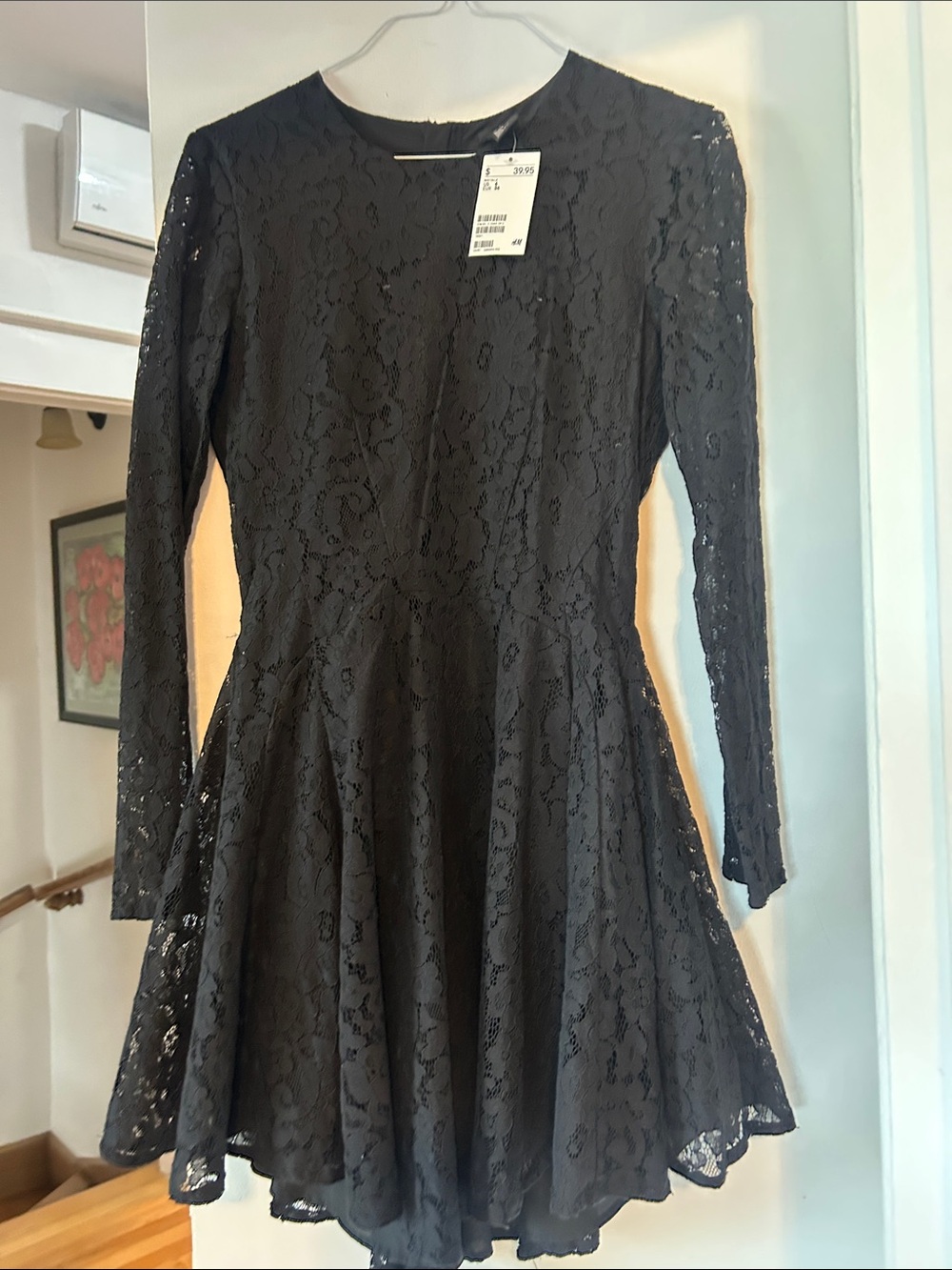 H&M Black Long-Sleeve Lace Fit-and-Flare Dress
